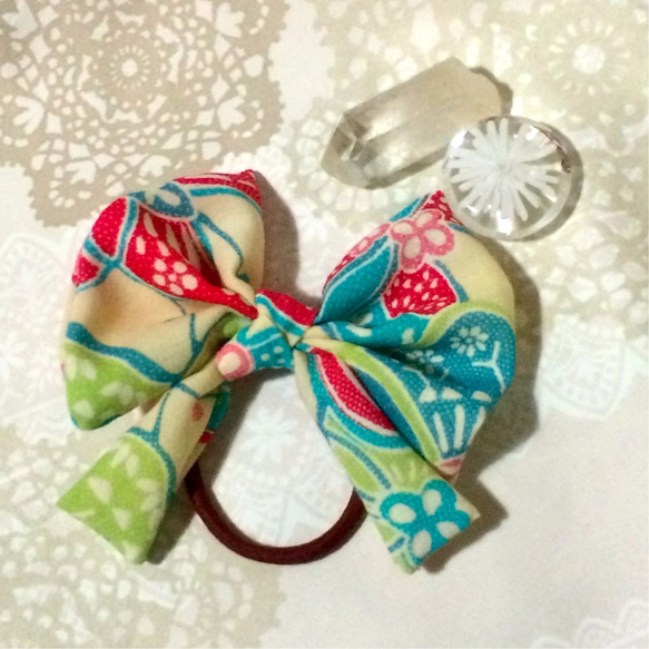 ヘアアクセサリー／ヘアゴム（和柄）子供用着物生地／黄色系-A柄