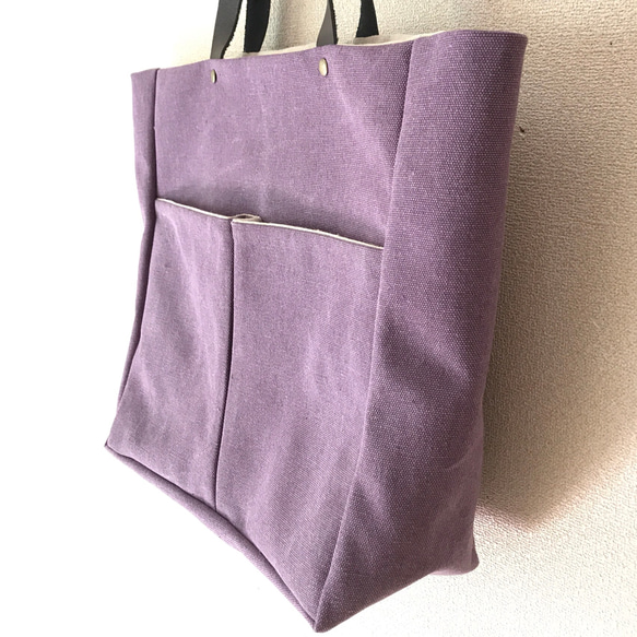 《Lサイズ紫》レザー×帆布のトートバッグ 2枚目の画像
