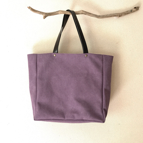 《Lサイズ紫》レザー×帆布のトートバッグ 3枚目の画像