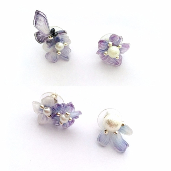 手工藍紫色樹脂花蝴蝶耳釘耳環套裝配上棉珍珠 第2張的照片