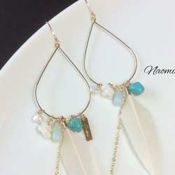 white.feather-turquoise＆shell-pierced.earring 2枚目の画像