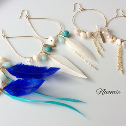 white.feather-turquoise＆shell-pierced.earring 5枚目の画像