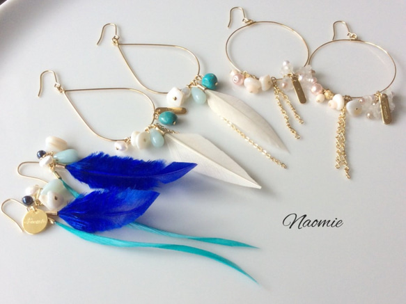 white.feather-turquoise＆shell-pierced.earring 5枚目の画像