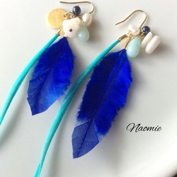 blue＆green-w.feather-pierced.earring 2枚目の画像