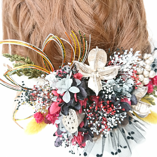 紫陽花とドライナッツと水引のヘッドドレス 成人式 プリザーブド 紫陽花とドライナッツと水引のヘッドドレス 成人式 プリザーブド