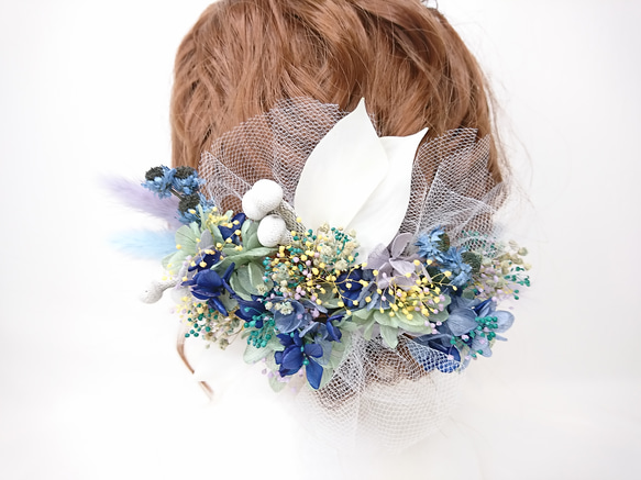 紫陽花とチュールのヘッドドレス 成人式 結婚式 ドライフラワー 4枚目の画像