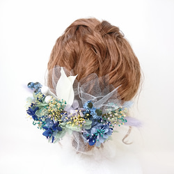 紫陽花とチュールのヘッドドレス 成人式 結婚式 ドライフラワー 5枚目の画像