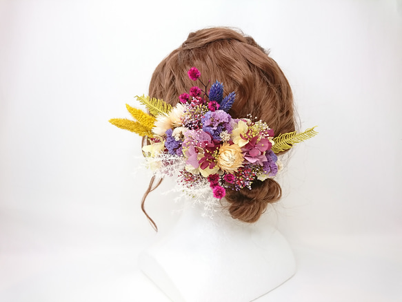 紫陽花とスターリンジャーのヘッドドレス 成人式 結婚式 ドライフラワー 2枚目の画像