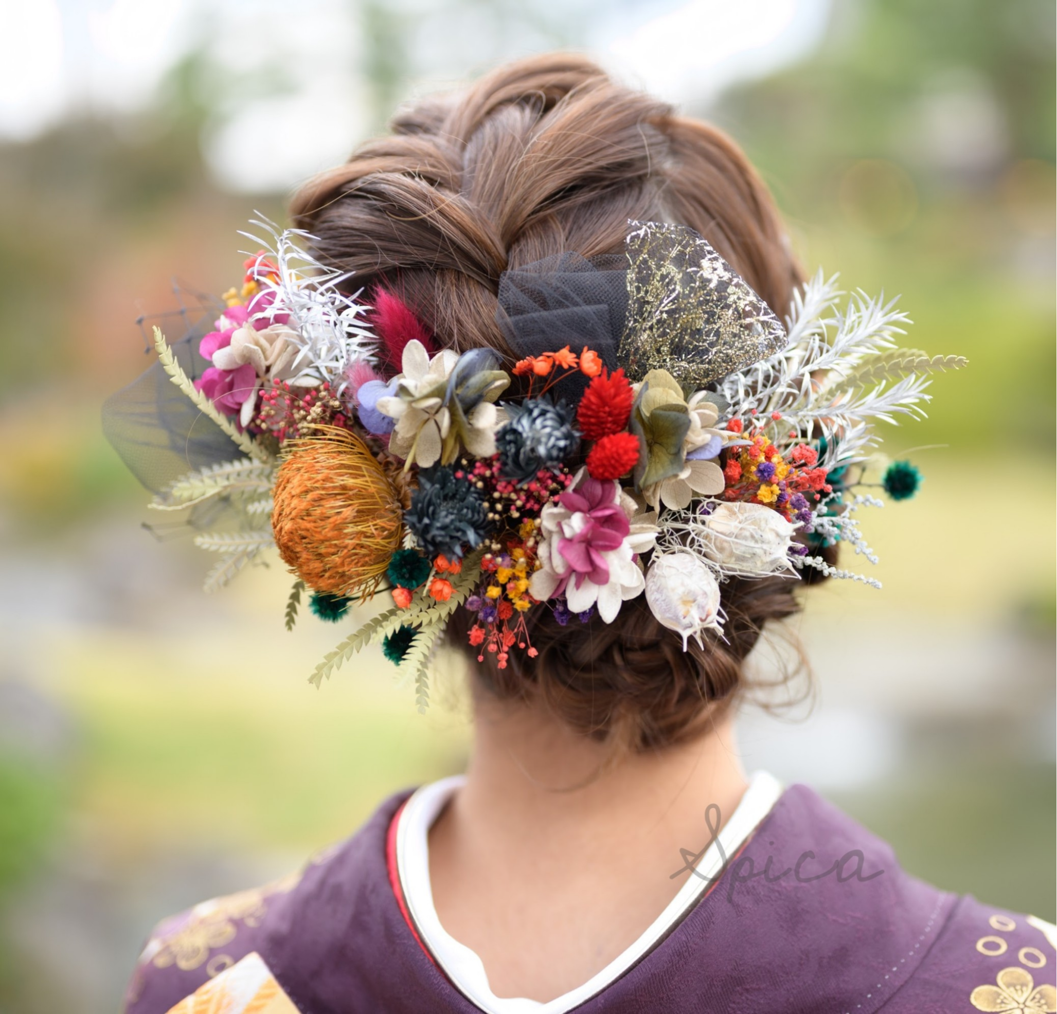 【セミオーダー】フォルモッサと紫陽花とチュールのヘッドドレス 成人式 和婚 卒業式 豪華 華やか 髪飾り 和装 プリザ