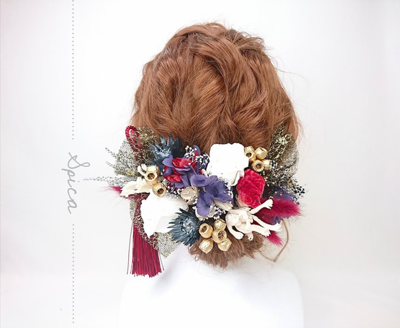 プリザローズと紫陽花とタッセルのヘッドドレス 成人式 1枚目の画像
