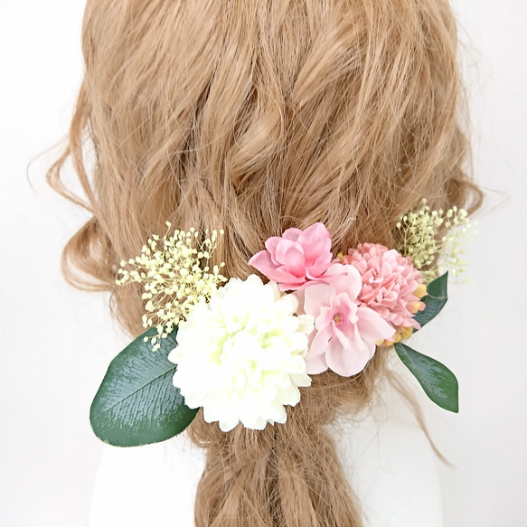 【お好きな花でセミオーダー】アーティフィシャルフラワーとプリザかすみ草のヘッドドレス 4枚目の画像
