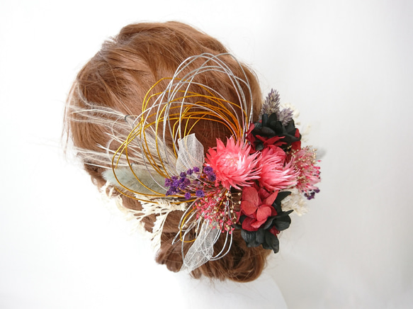 水引とシルバーデイジーと紫陽花のヘッドドレス ドライフラワー 2枚目の画像