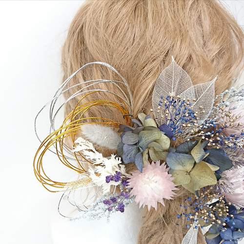 紫陽花とシルバーデイジーのヘッドドレス オレンジ 結婚式 ドライフラワー 紫陽花とシルバーデイジーのヘッドドレス オレンジ 結婚式