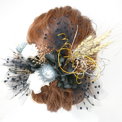 小麦と紫陽花と水引のモノトーンヘッドドレス ドライフラワー 2枚目の画像