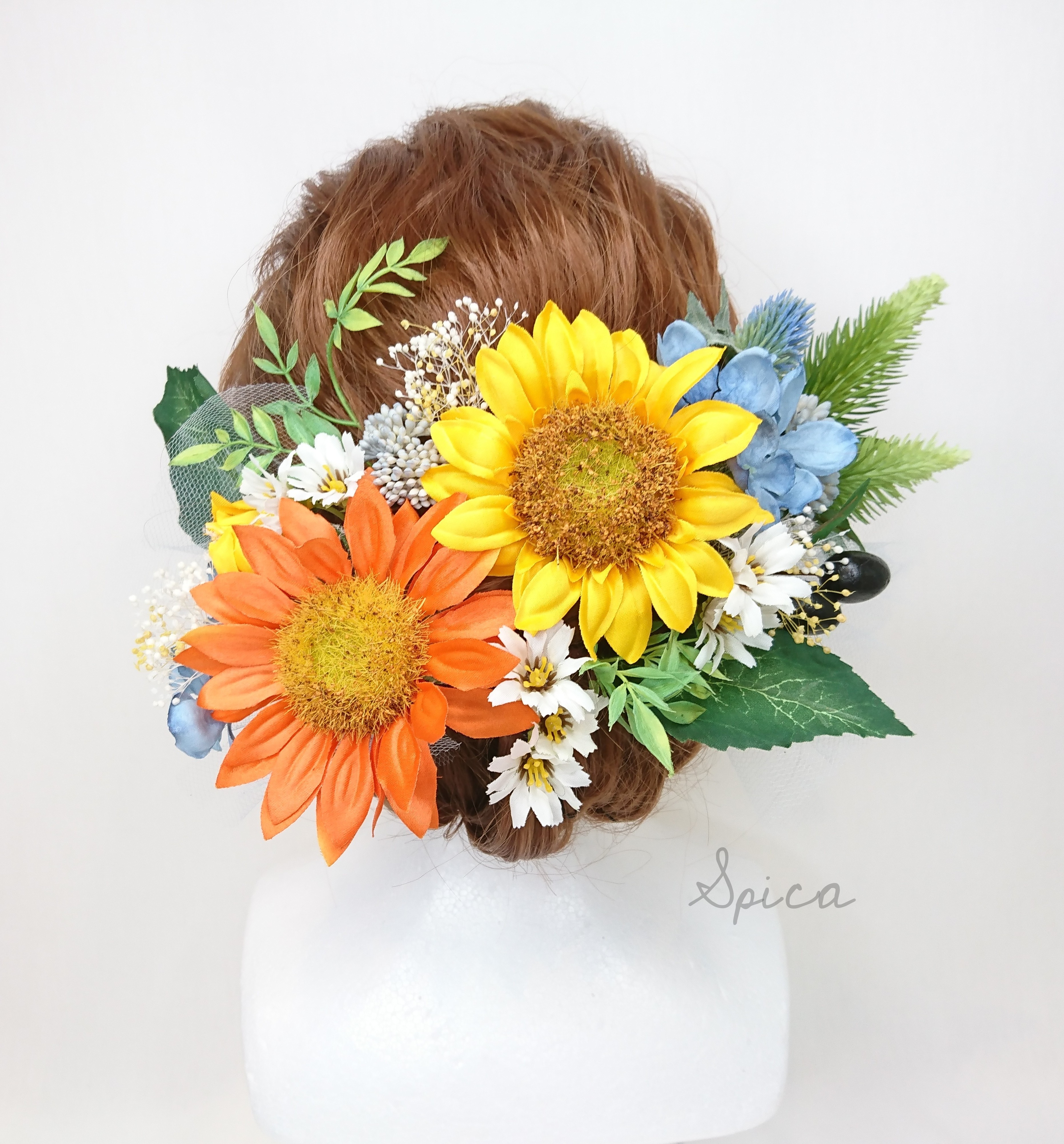 ヒマワリとマーガレットと紫陽花のヘッドドレス ウェディング 夏 オレンジ 黄色 造花 向日葵 サムシングブルー