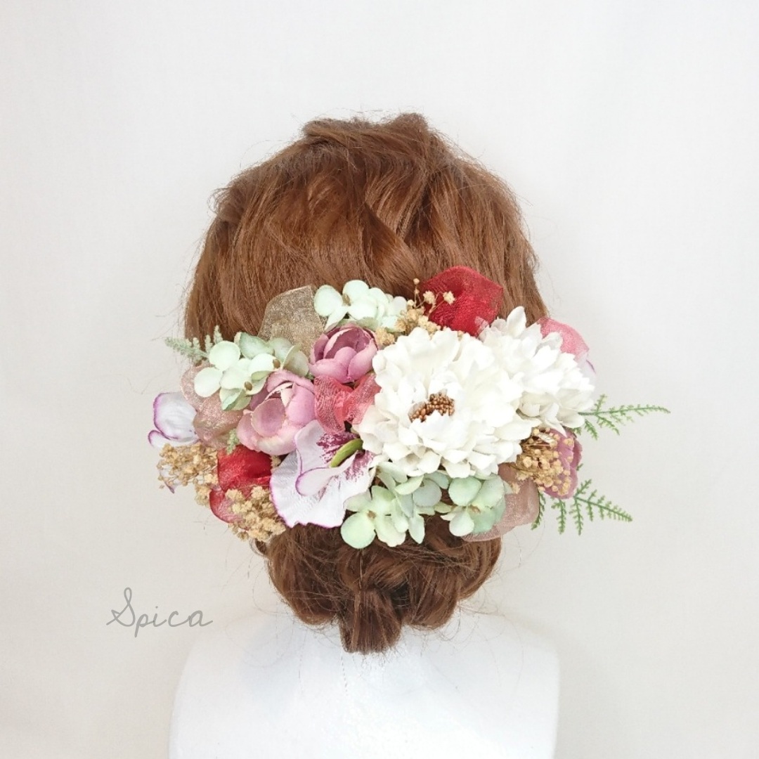 スカビオサとローズのヘッドドレス 成人式 結婚式 髪飾り ホワイト ピンク ブライダル 卒業式 アーティフィシャル 造花 4,756円