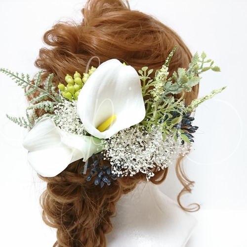 カラーリリーとかすみ草 ヘッドドレス プリザーブドフラワー