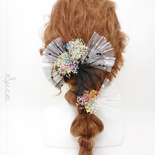 サイズ大きめドットチュール&かすみ草髪飾り♥️ヘッドドレス