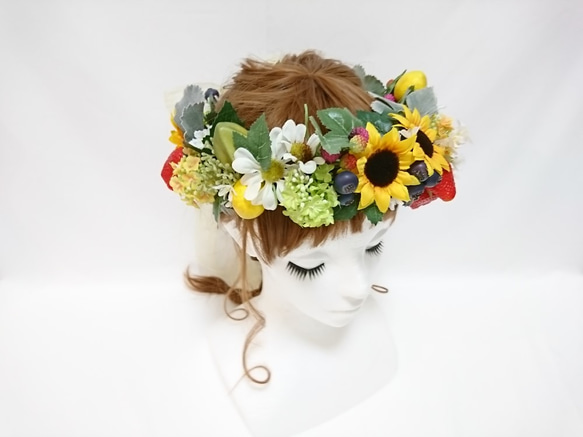 【1点限定】 花冠とブートニアのセット ひまわりとフルーツ ヘッドドレス ウエディング 5枚目の画像