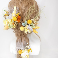 紫陽花とかすみ草 ヘッドドレス イエロー 結婚式 プリザーブドフラワー 2枚目の画像