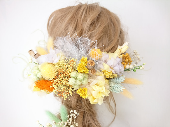 紫陽花とかすみ草 ヘッドドレス イエロー 結婚式 プリザーブドフラワー 8枚目の画像