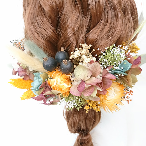 紫陽花とシルバーデイジーのヘッドドレス オレンジ 結婚式 ドライフラワー プリザ紫陽花とシルバーデイジー ヘッドドレス オレンジ 結婚式