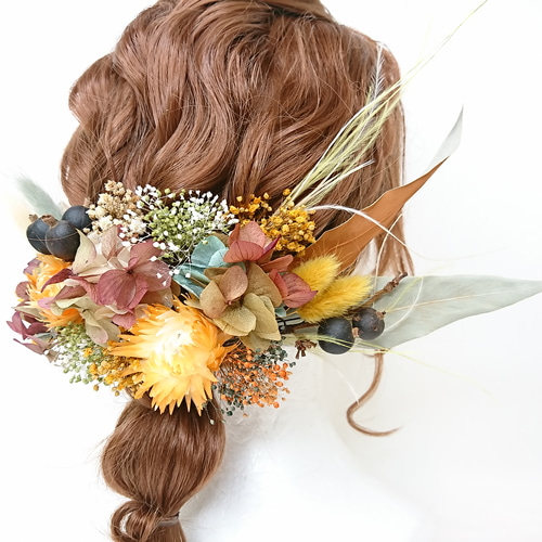 紫陽花とシルバーデイジーのヘッドドレス オレンジ 結婚式