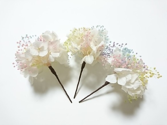 プリザ紫陽花とかすみ草 5本セット カラフル ヘッドドレス プリザーブドフラワー 4枚目の画像