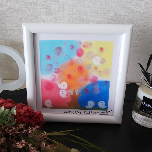 多幸の木】パステルアート原画 額付き(壁掛け&スタンド型） 絵画