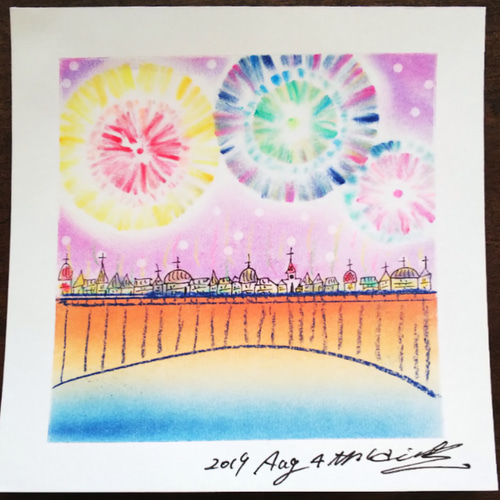 なお！パステル画　原画 パステルアート 青い鳥と風船 パステル画原画 お祝 プレゼント