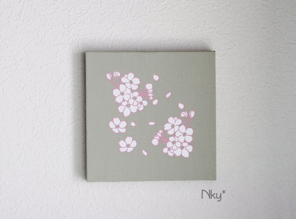 桜のファブリックパネル M-101◆グリーン/白-桃 1枚目の画像