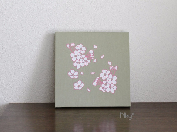 桜のファブリックパネル M-101◆グリーン/白-桃 2枚目の画像