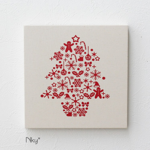 クリスマスツリーのファブリックパネル M-501◇生成り/赤 タペストリー