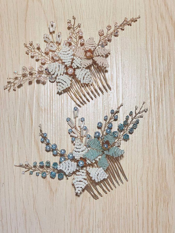 Miss Pastel-Swarovski crystal Beaded Flower hair comb(blue) 第4張的照片