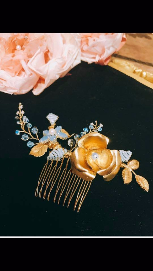 Miss Pastel--Rose and Swarovski crystal pearl hair comb(blue 第2張的照片