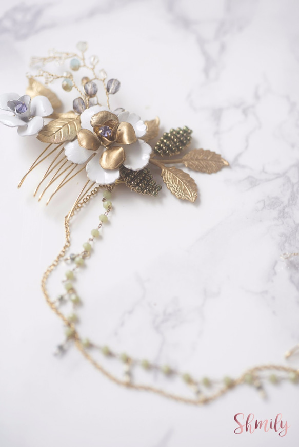 Olive Swirl---brass flower hair comb chain headpiece 結婚頭飾 第1張的照片
