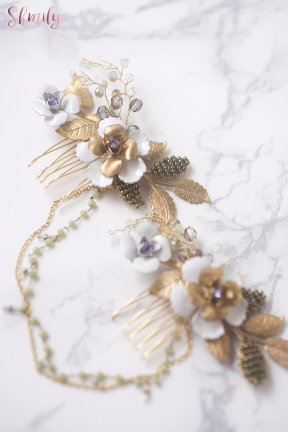 Olive Swirl---brass flower hair comb chain headpiece 結婚頭飾 第2張的照片