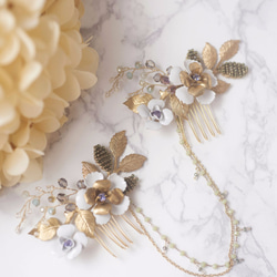 Olive Swirl---brass flower hair comb chain headpiece 結婚頭飾 第3張的照片