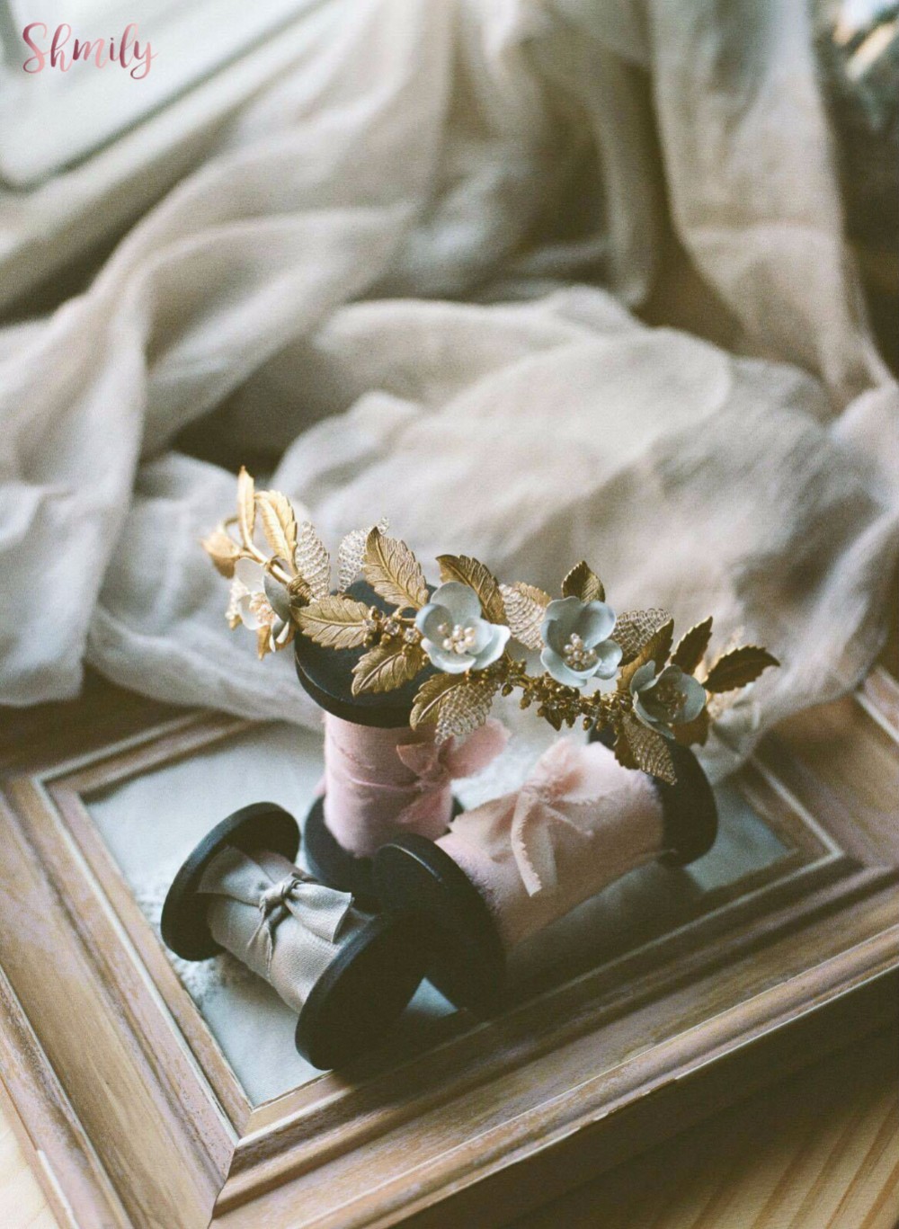 私の光沢のある真珠手作りの真珠光沢のある銅の花日本の織りの葉のクラウン/ウェディングヘッドウェア/ブライダルヘッドウェア