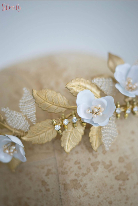 私の光沢のある真珠手作りの真珠光沢のある銅の花日本の織りの葉のクラウン/ウェディングヘッドウェア/ブライダルヘッドウェア 4枚目の画像