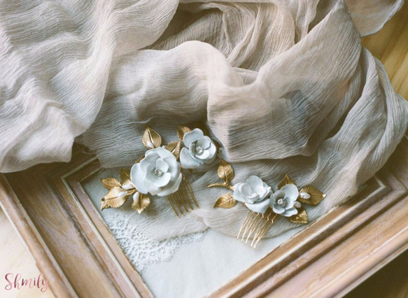 My Glossy Pearl Hand Painted Rose Brass flower Headpiece 第1張的照片