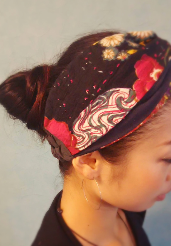 ネパール布のクロスターバン☆ボタニカル柄ヘアバンド☆コットンリネン 