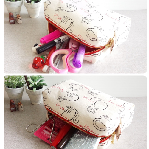 スクエアポーチ ネコ柄 化粧ポーチ 四角いポーチ スクエアポーチ