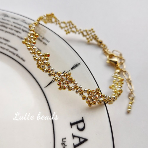 再販×5♪海外アンティークレース風編みブレスレット ゴールド ビーズ