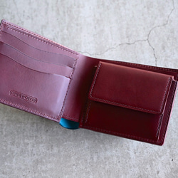 ■送料無料■コードバン・ディープブルー×ブッテーロ・ボルドー 二つ折り財布　コンパクトな二つ折り財布 5枚目の画像