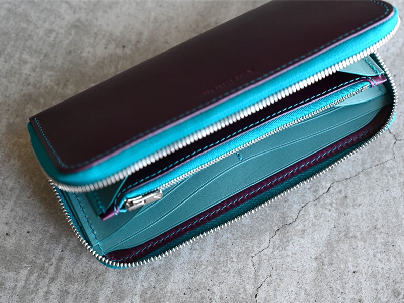 ■送料無料■手縫いブッテーロ ラウンドファスナーウォレット【パープル×ターコイズ】