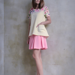 Glancez義大利得獎設計櫻花水彩圖落肩假兩件連身裙附口袋 第2張的照片