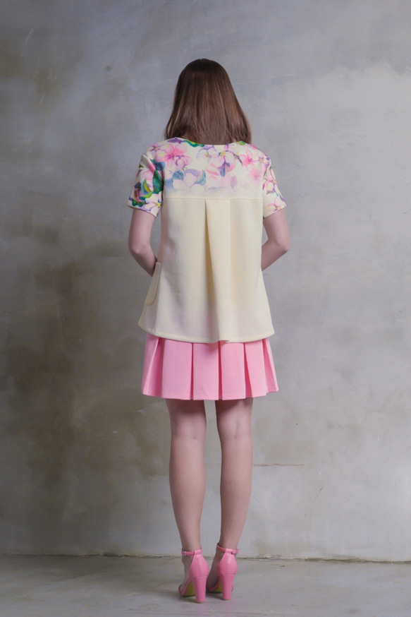 Glancez義大利得獎設計櫻花水彩圖落肩假兩件連身裙附口袋 第3張的照片