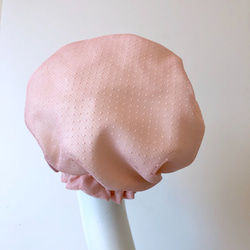 &lt;Silk&gt;睡帽，波爾卡圓點粉紅色蕾絲，耐洗且持久！只需將其戴上即可製成的家用斜紋絲綢真絲[點綴蕾絲] 第5張的照片