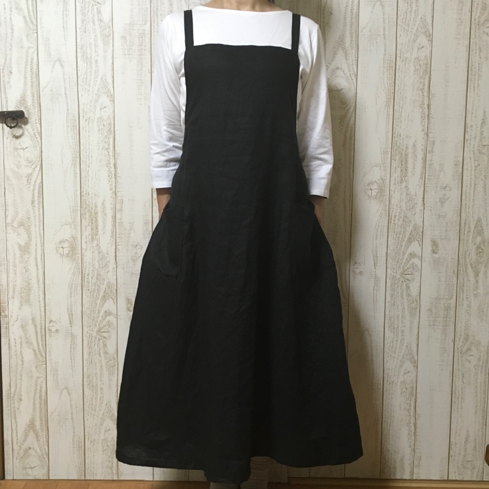 リネン☆エプロンワンピ（黒）